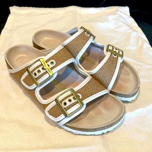 Birkenstock Arizona in Nature Jute with white trim. Size 39N / 8.5